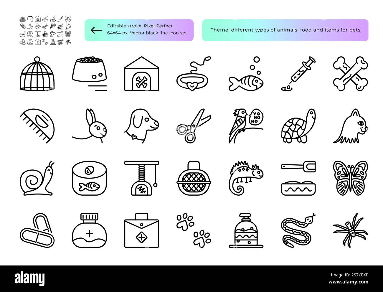 Tierarten, Tiergegenstände, schwarze Linie Symbol Set für die Pflege Salons, Tierarzt Kliniken, Tierheime, Vektor-monochrome Zeichen, editierbarer Strich Stock Vektor