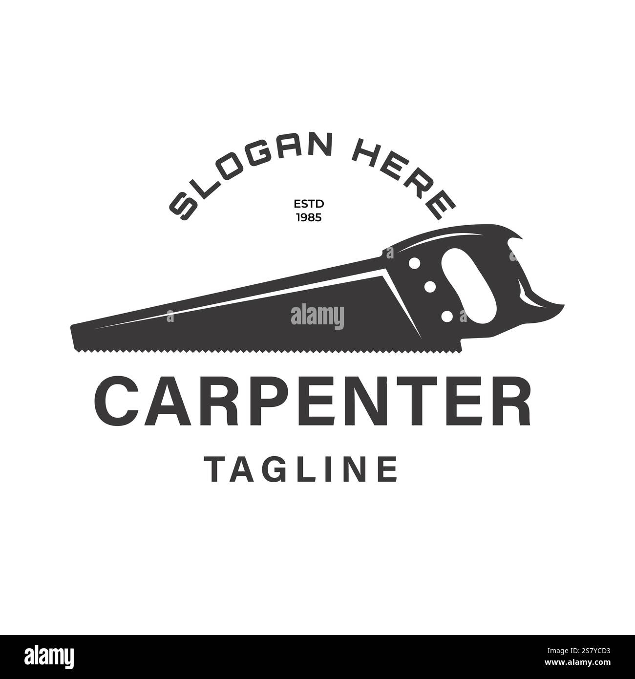 Vektordesign eines Sägelogos in Silhouette, das Holzbearbeitungswerkzeuge, Holzfäller und Handwerker darstellt. Geeignet als Firmenlogo in der Holzbearbeitung i Stock Vektor