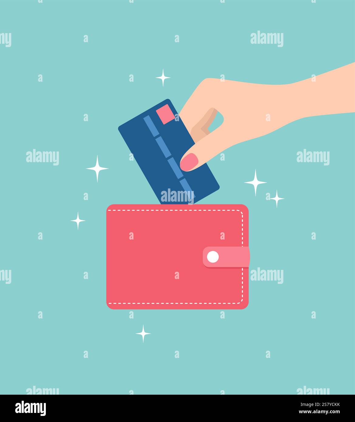 Weibliche Hand zieht die Kreditkarte aus der roten Brieftasche. Illustration des flachen Vektors Stock Vektor