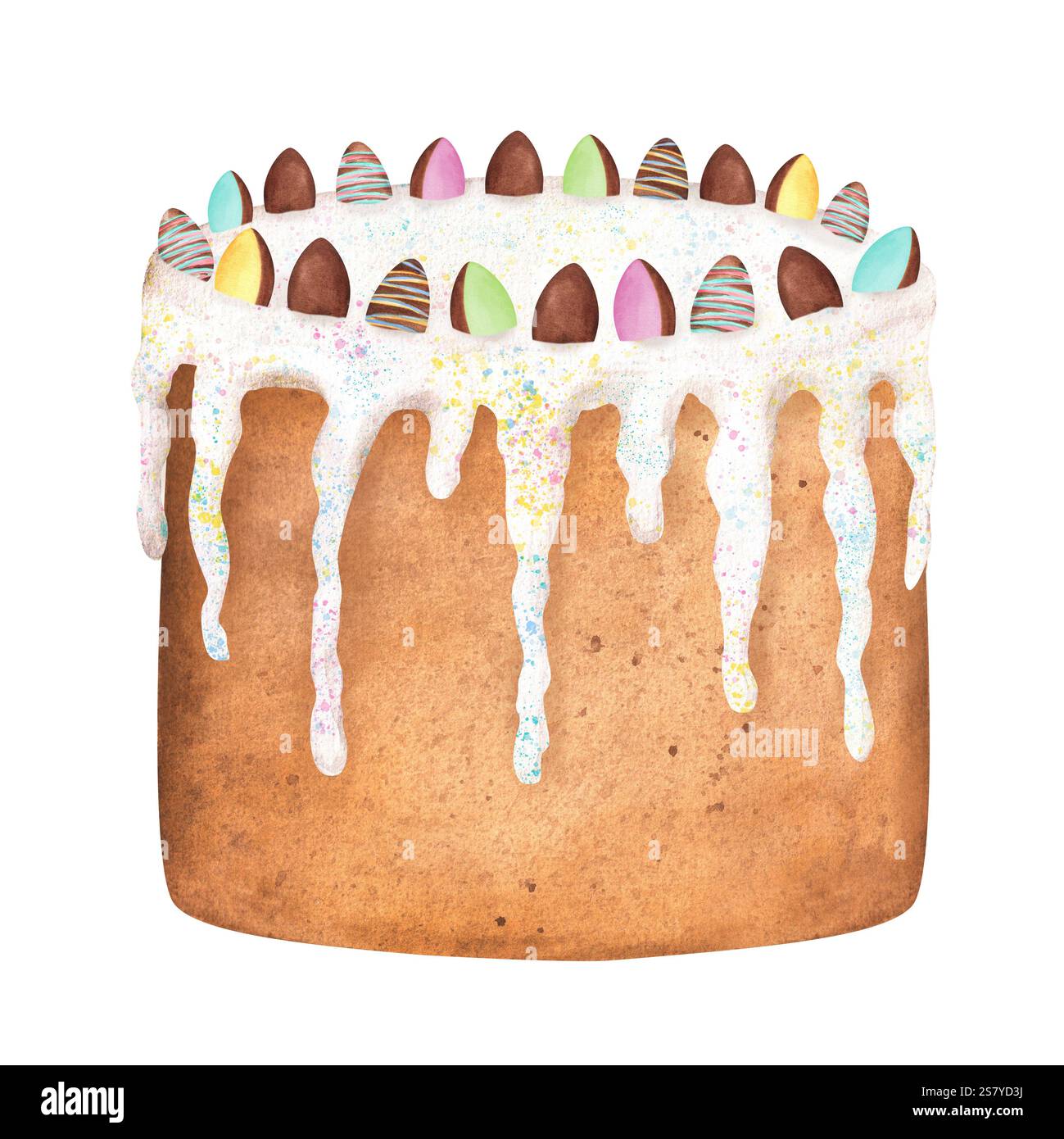 Ein Eistorte mit eisförmiger Schokolade und Süßigkeiten. Frohe Ostern Clipart. Handgezeichnete Aquarellillustration Stockfoto