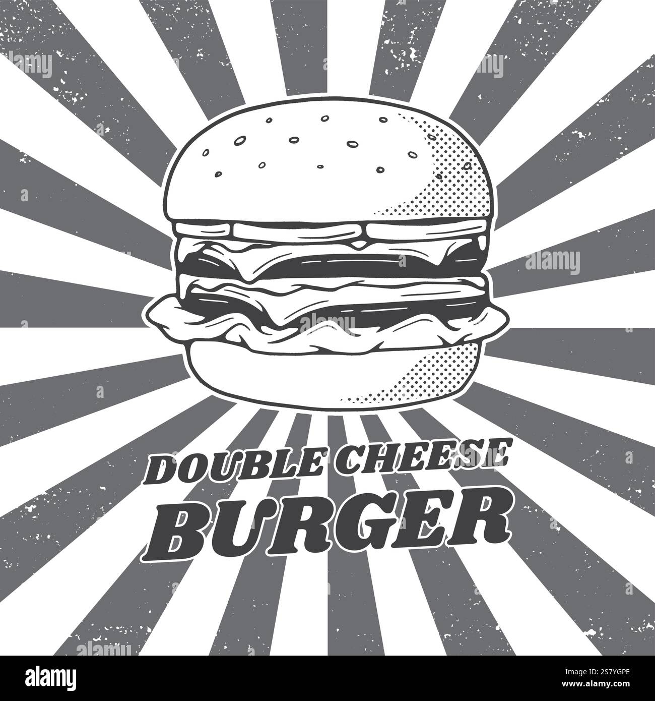 Vintage Double Cheeseburger Grafik für Street Food Werbedesign. Retro-Stil Fast Food Restaurant Schild Illustration, Vektor. Stock Vektor