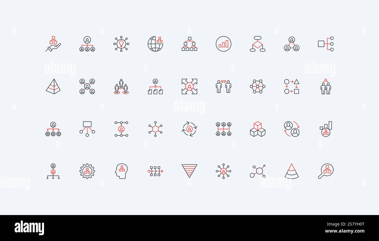 Hierarchie, Organisationsstruktur der Unternehmensabteilung im Diagramm, Führungszeile und Autoritätszeile. Business Team Organisation dünne schwarze und rote Umrisssymbole Vektorillustration Stock Vektor