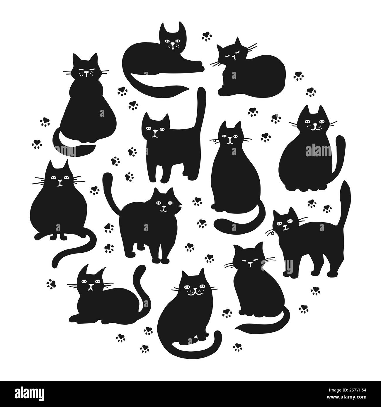 Katzen-Silhouettenset. Niedliche handgezeichnete kindliche Katzenform. Modernes, lustiges Tierposter-Kunstdesign für Kinder. Konturfigur Katzen in verschiedenen Posen. Säugetierzeichnung Zeichenvektor Illustration Stock Vektor