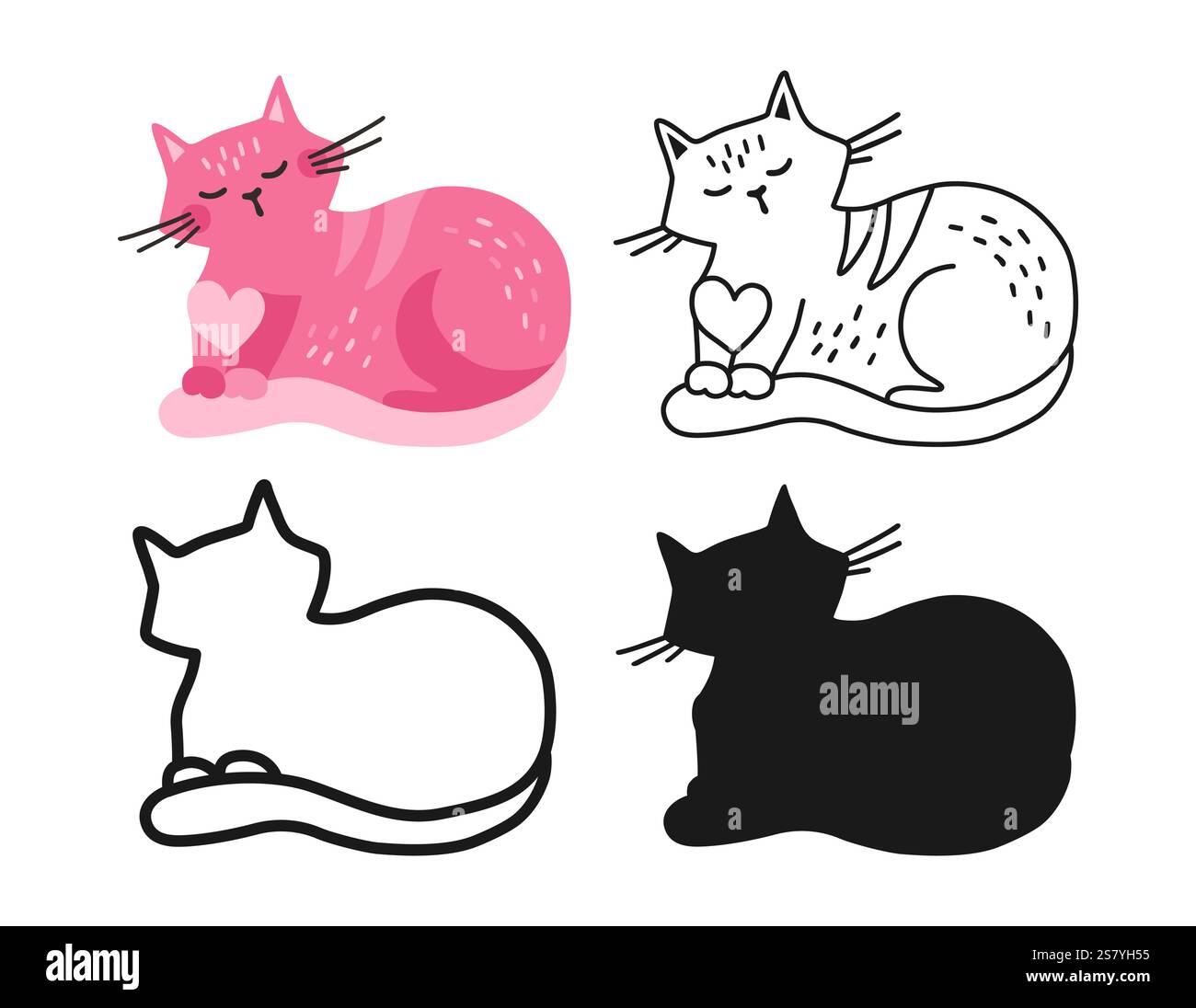 Katzensymbol Zeichentrickset. Abstrakte, handgezeichnete Comic-Kätzchen lineare Ikone. Schild zur Sammlung von Haustieren für Infografik, Website-App. Einfache Schilderkritzelung oder Silhouette lustige Katzen. Vektor-isolierte Abbildung Stock Vektor