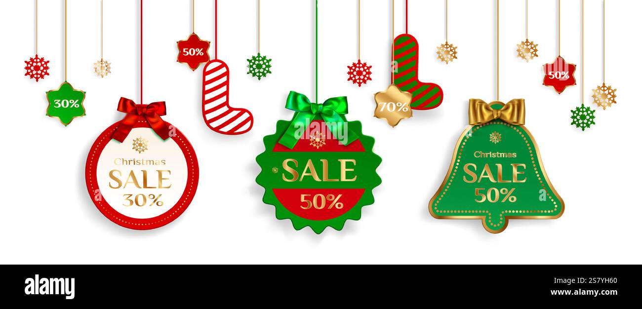 Weihnachtsmarken mit saisonalen Rabatten - roter Ball, grüner Stern, glockenförmiges Etikett mit Schleifen, Schneeflocken-Ornamenten. Weihnachtsfeiertage Shopping Promotion Design-Elemente auf weißem Hintergrund. Stock Vektor