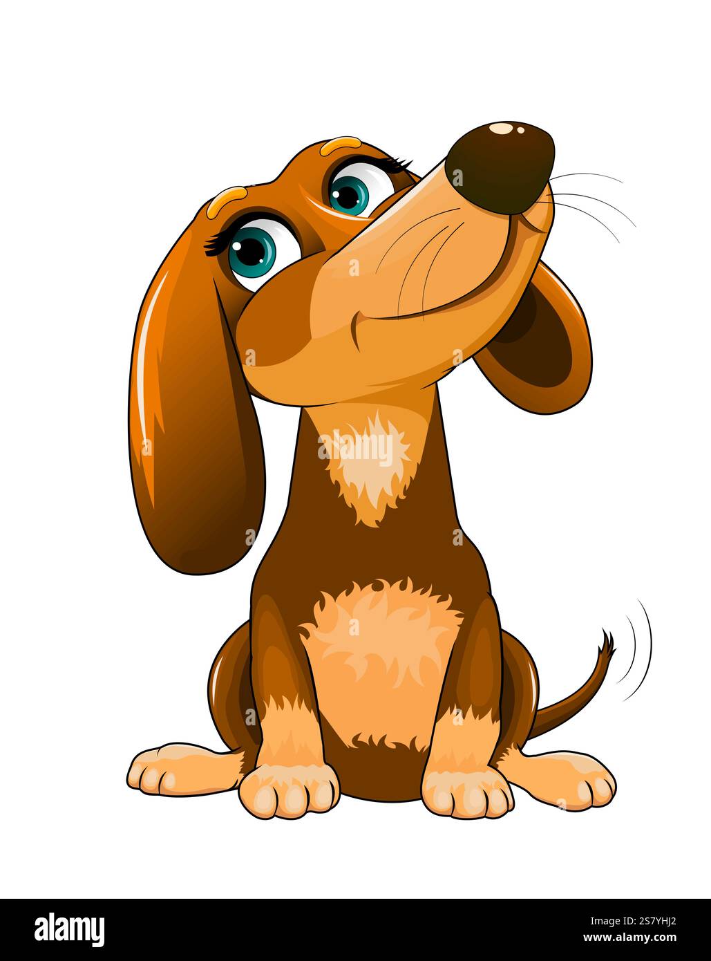 Cartoon kleiner Hund sitzt. Fröhlicher Hündchen. Freundlicher kleiner Hundedackel. Hund auf weißem Hintergrund Stock Vektor