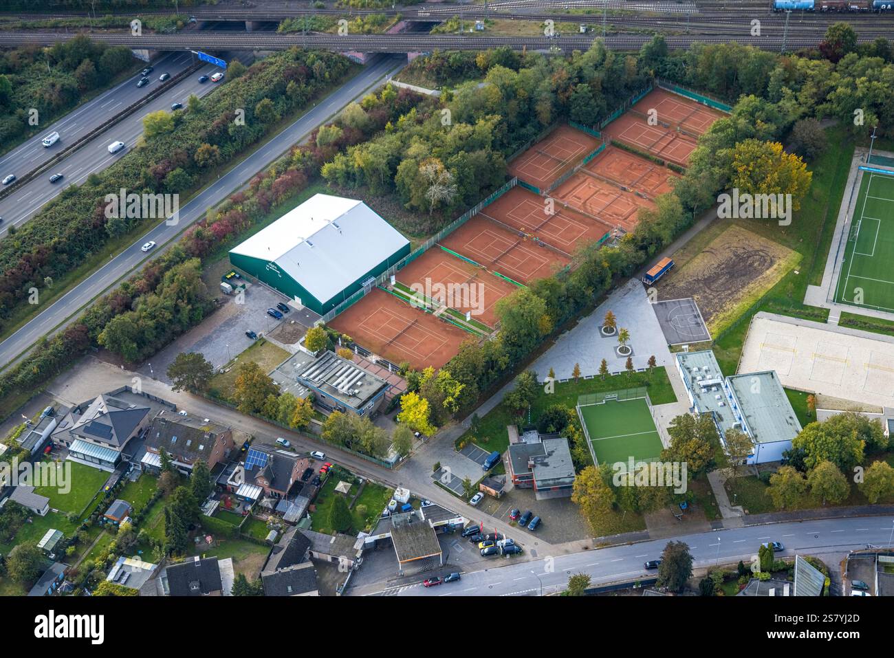 Aus der Vogelperspektive, TC Sportpark Moers-Asberg e.V. Tennisplätze, am Sportpark, Moers-Asberg, Moers, Ruhrgebiet, Nordrhein-Westfalen, Deutschland Stockfoto