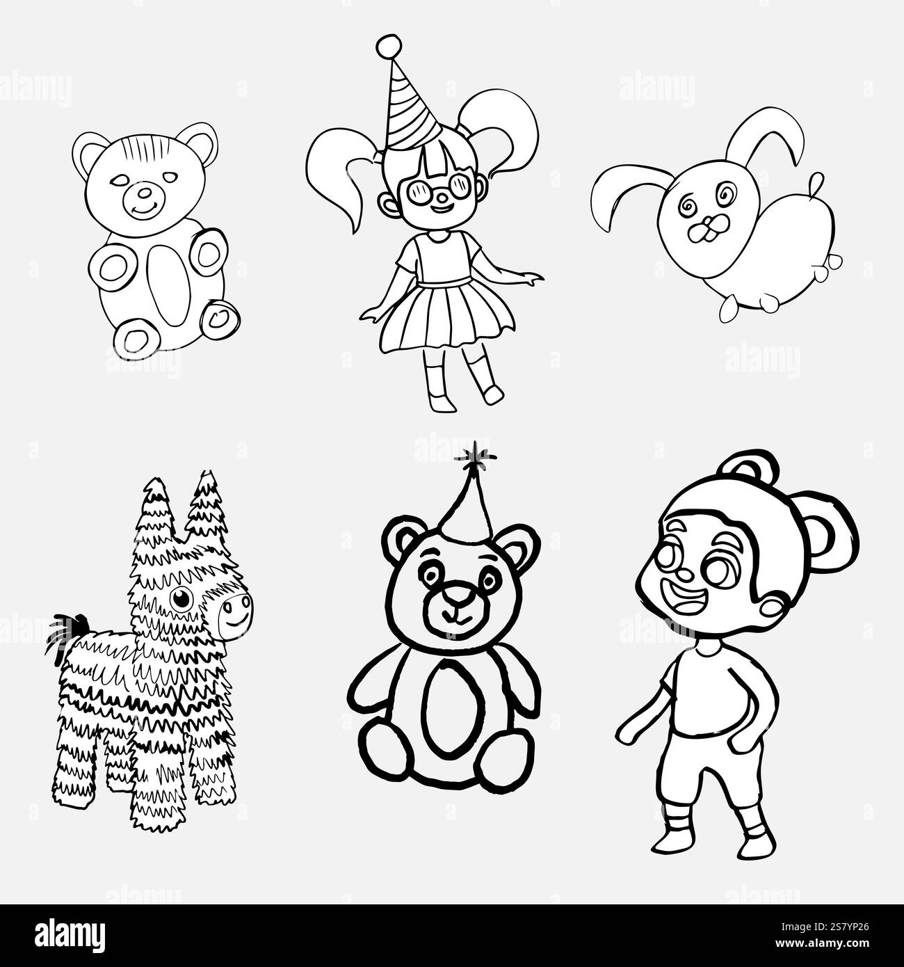 Eine Reihe von Zeichen für Geburtstage. Vektorbild im Zeichenstil des Bleistifts. Jungs und Mädchen, ein Bär, eine Pinata, ein Kaninchen. Stock Vektor