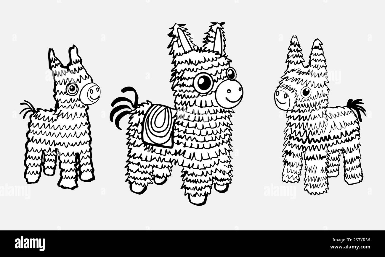 Ein Set festlicher Pinatas. Niedliches Vektor-Bild für Geburtstage, Malseiten, Karten im Freihand-Zeichenstil Stock Vektor