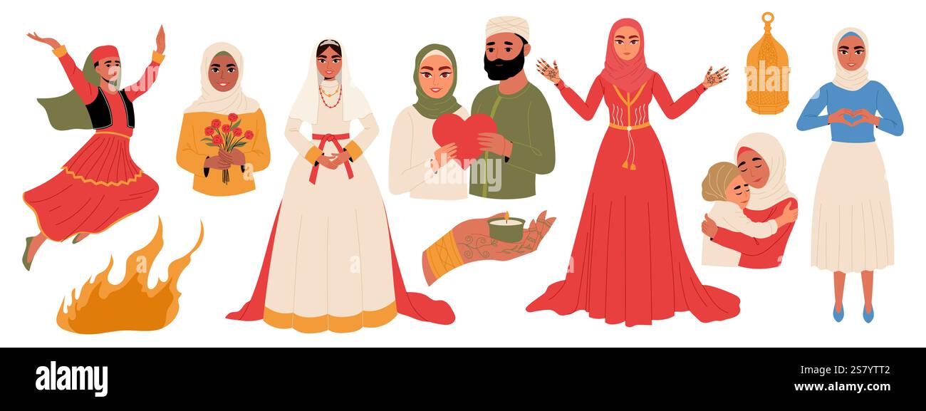 Gruppe von Menschen während traditioneller muslimischer Feiertage. Muslimische Braut, Muttertag, Frauentag, Novruz-Festival, Henna-Nacht, EID al Fitr Mubarak Celebrati Stock Vektor