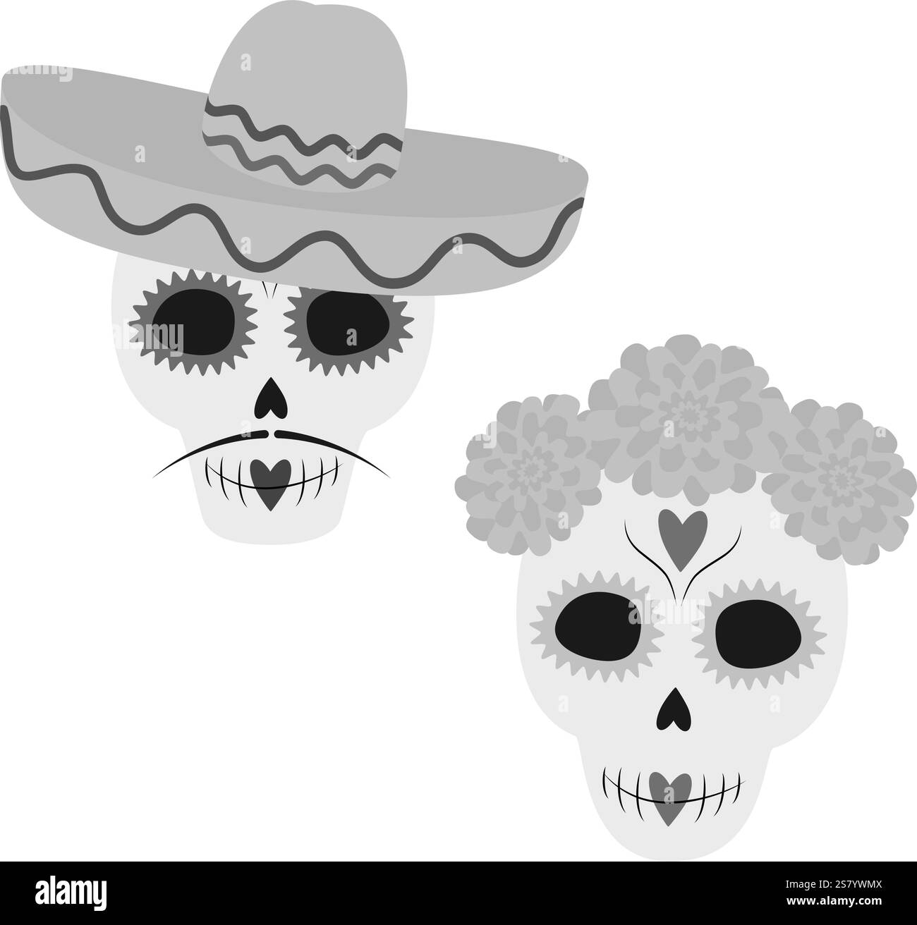 Gemusterter männlicher und weiblicher Schädel aus Sombrero und Blumenkranz Day of the Dead, süßes Charakterset 2. Isolierte Vektor-Illustration Thematische Karten, Aufkleber, Icon oder Web Promo Poster, Banner, Prospekt, Tag Stock Vektor
