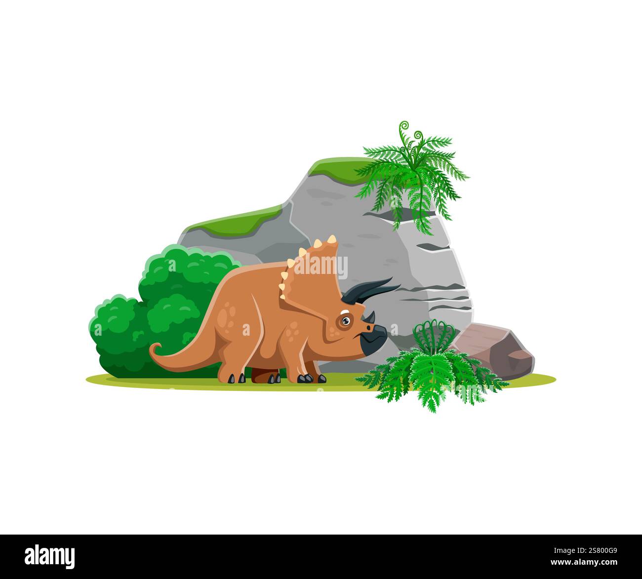 Triceratops prähistorischer Dinosaurier. Isolierter Karikaturvektor pflanzenfressender Dino, der während der späten kreidezeit lebte, steht in einer üppigen Landschaft mit Stock Vektor