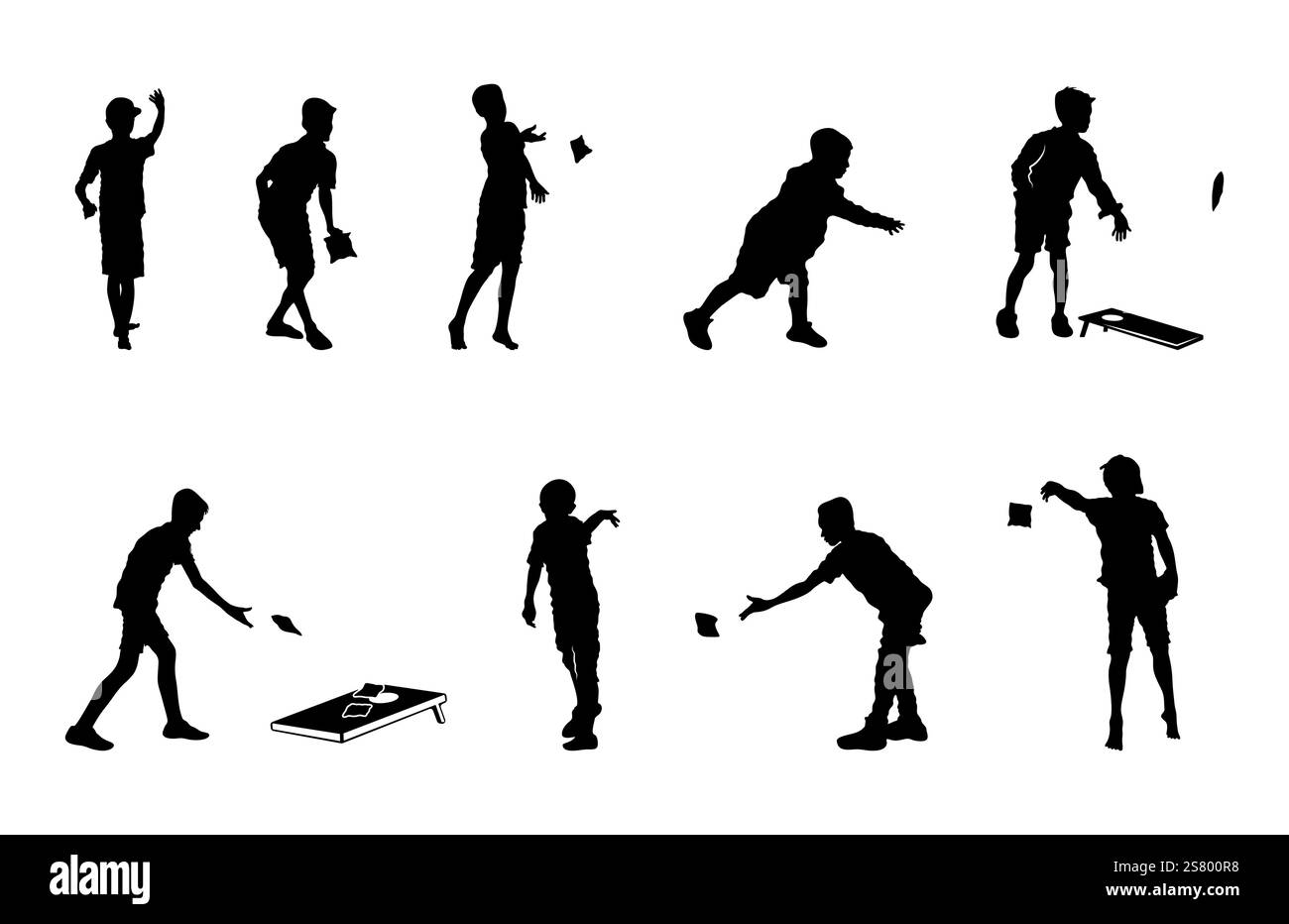 Kinder spielen Cornhole Silhouette, Kinder spielen Cornhole Vektoren, Kind Cornhole Spieler Silhouette, Kinder spielen Silhouette, Kinder spielen Silhouette, Kinder spielen Silhouette. Stock Vektor