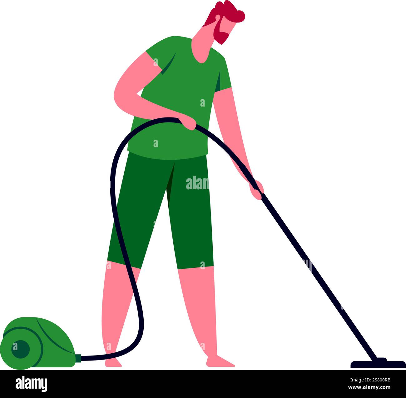 Rothaariger Mann, der einen Staubsauger benutzt, während er das Haus sorgfältig reinigt, den Boden saugt und Haushaltsarbeiten in einem modernen und aufgeräumten Wohnraum verwaltet Stock Vektor