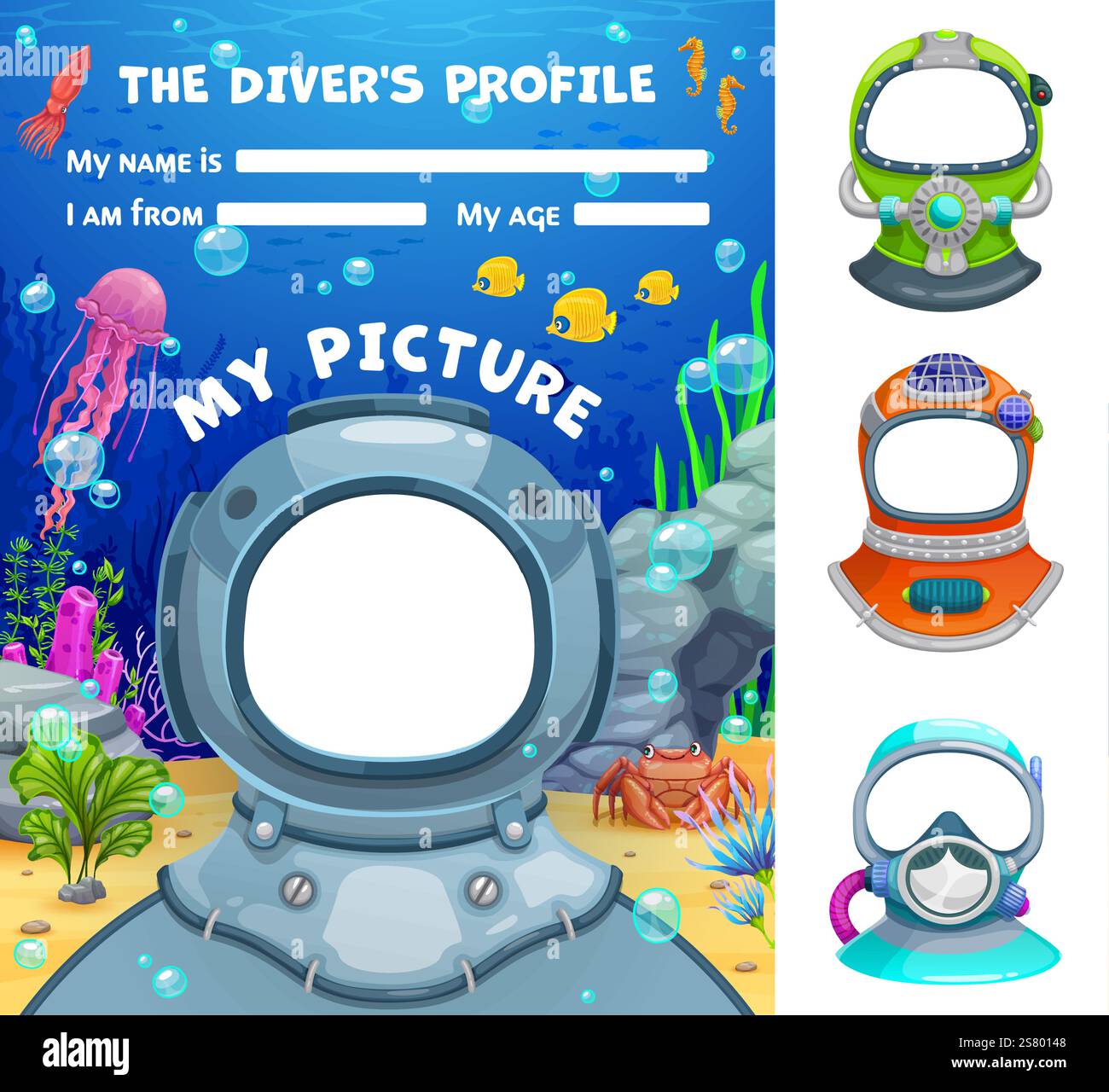 Profilformular für Kinder. Cartoon Vektor Vorlage für den kleinen Frogman Fragebogen mit Fotorahmen Taucherausrüstung Helme und Linie für persönliche Information Stock Vektor