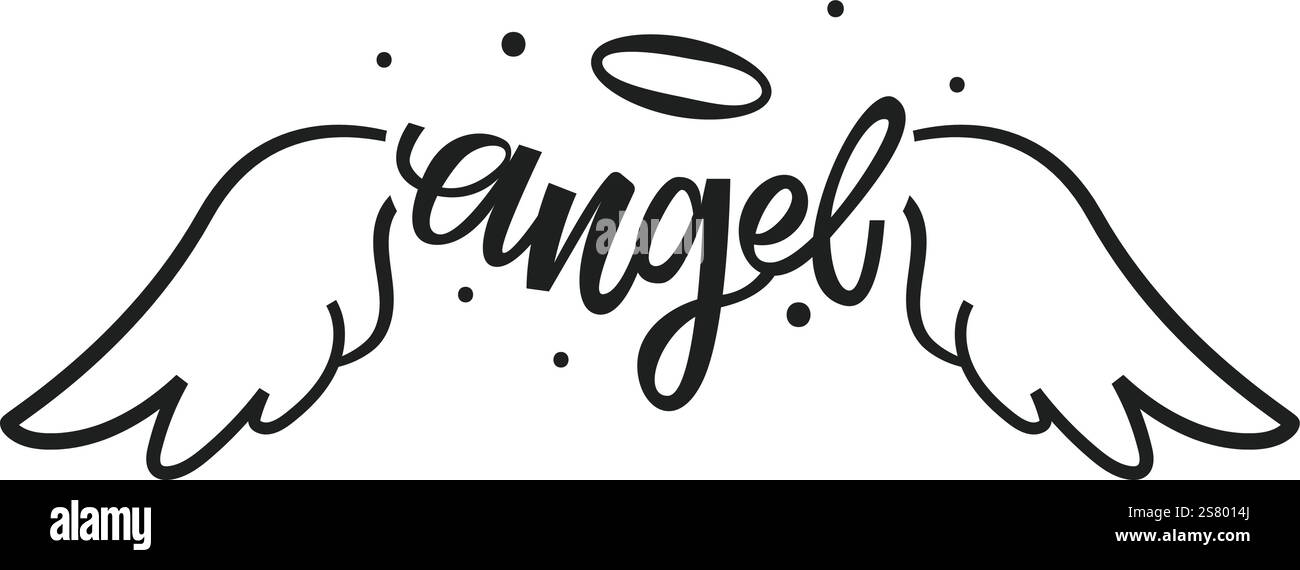 Handgezeichnete Engelsflügel und ein Halo, der anmutig neben der handgeschriebenen Schreibweise Engelsbuchstabe schwingt, schaffen ein einfaches, aber elegantes Design, das ein Gefühl von Spiritualität und Hoffnung weckt Stock Vektor