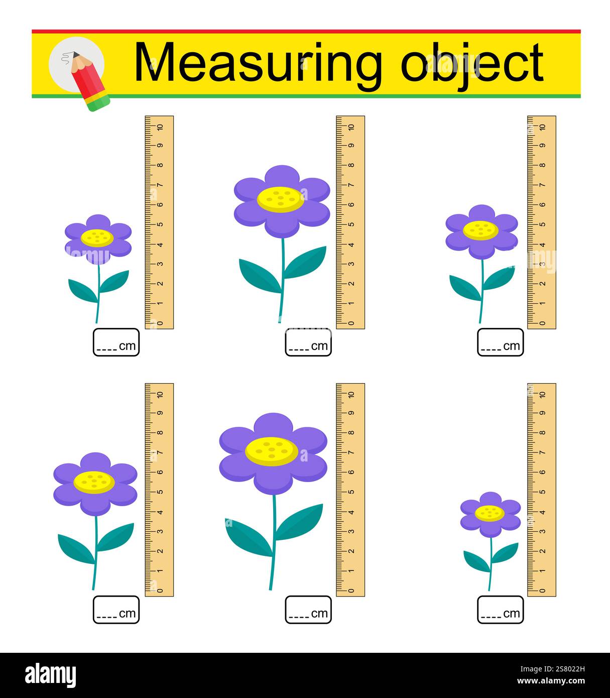 Arbeitsblatt für Vorschulkinder. Die Länge der süßen Blumen mit einem Lineal messen. Vektorabbildung. Stock Vektor