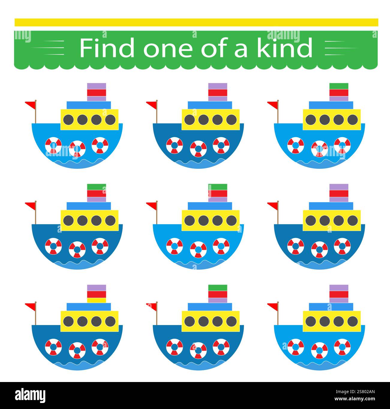 Unterhaltsames Lernspiel für Kinder. Ich muss ein Schiff finden. Aktivitätsseite für Kinder. Vektorabbildung. Stock Vektor