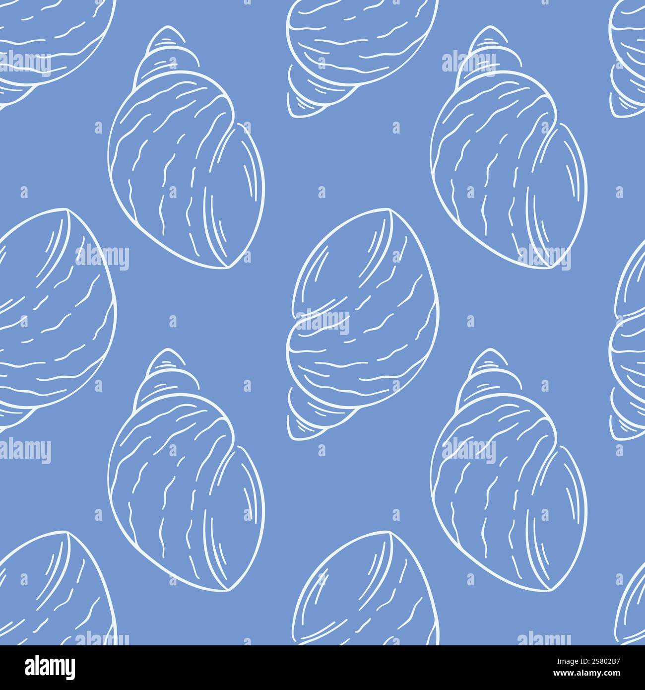Nahtloses Kunstmuster mit Muschelmuster auf blauem Hintergrund. Elegantes nautisches Design, perfekt für Textilien, Tapeten und Projekte im Sommer. Stock Vektor