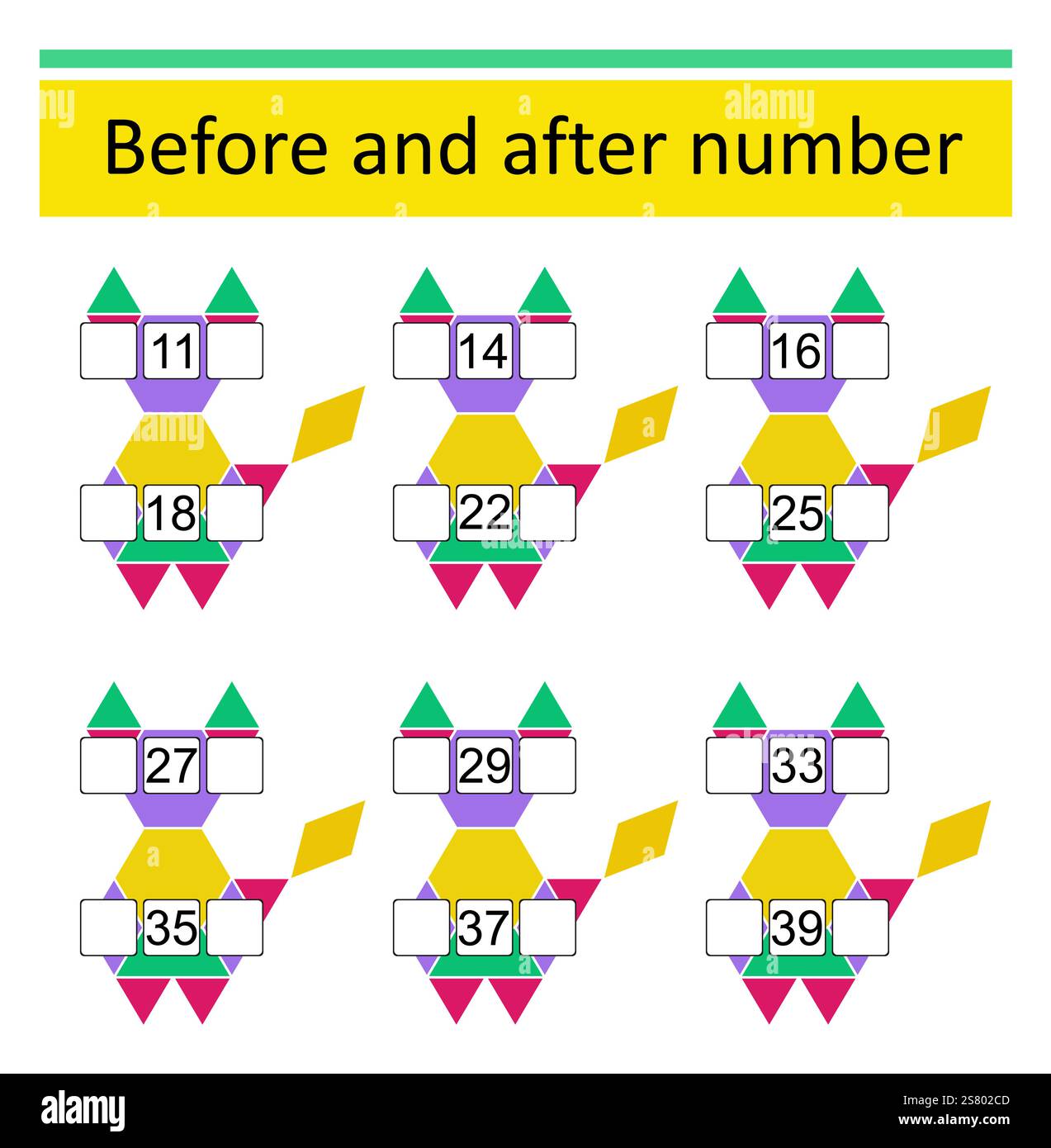 Was davor und danach kommt. Mathematische Arbeitsblätter für Kinder. Zahlenbereich bis 40. Vektor-Illustration des Zeichentricktiers. Stock Vektor