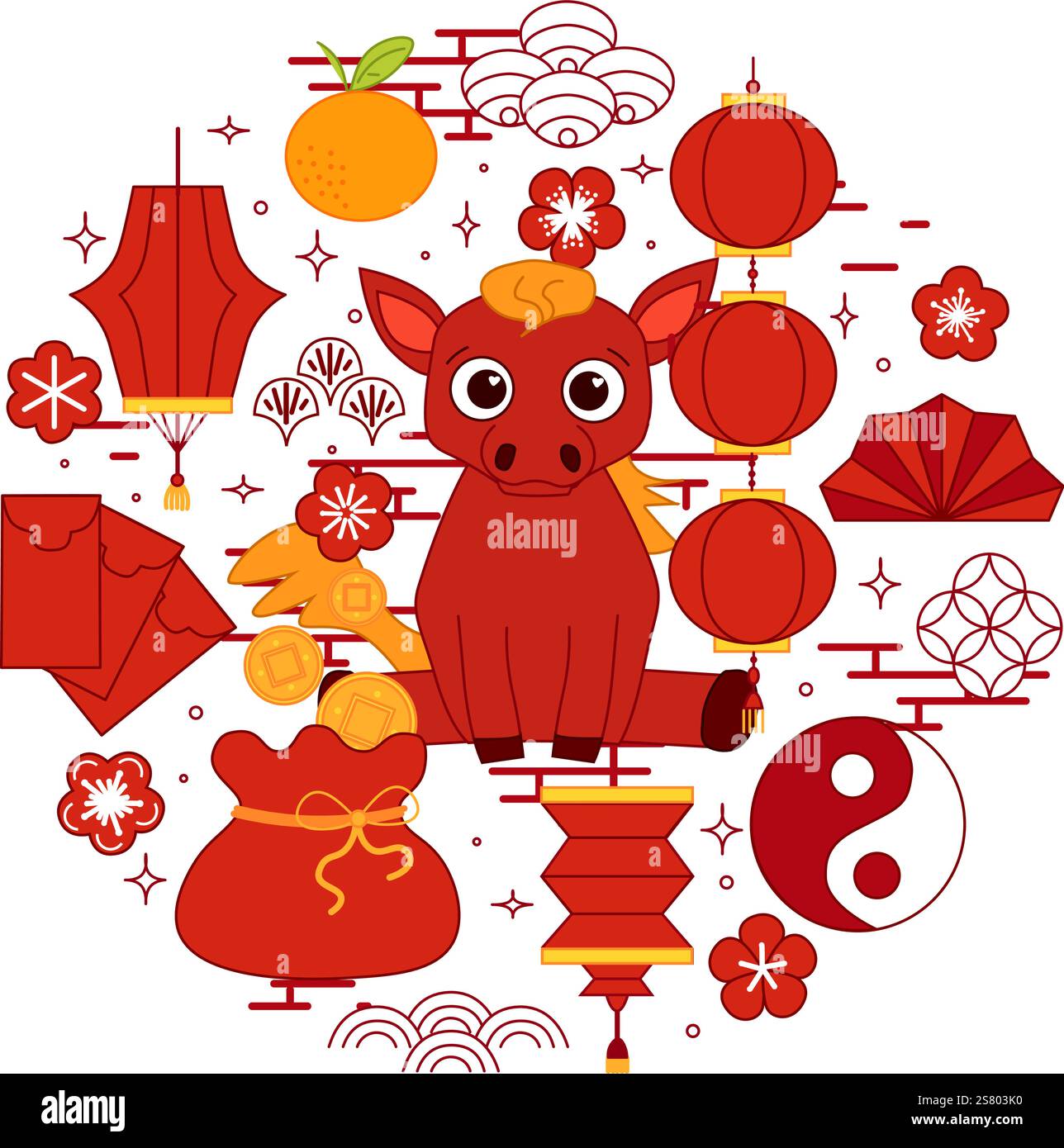 Chinesisches Jahr des Sternzeichen-Pferdeillustrationskonzepts. Grafische Linie Vektor Pferd CNY Laterne Festival Rundkreis Komposition. Neujahrstier isoliert o Stock Vektor