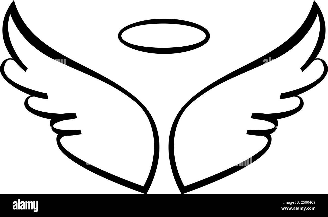 Einfache schwarz-weiße Zeichnung von Engelsflügeln und Halo, die Spiritualität, Reinheit, Liebe, Freiheit, Hoffnung, Unschuld, Frieden und gut versus Böse Stock Vektor