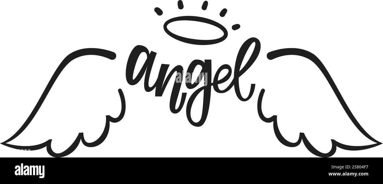 Handgezeichnete Engelsflügel und Halo, begleitet vom elegant schwebenden Wort Engel, symbolisieren spirituelle Wesen und göttliche Boten, die Reinheit, Liebe und Hoffnung verkörpern Stock Vektor