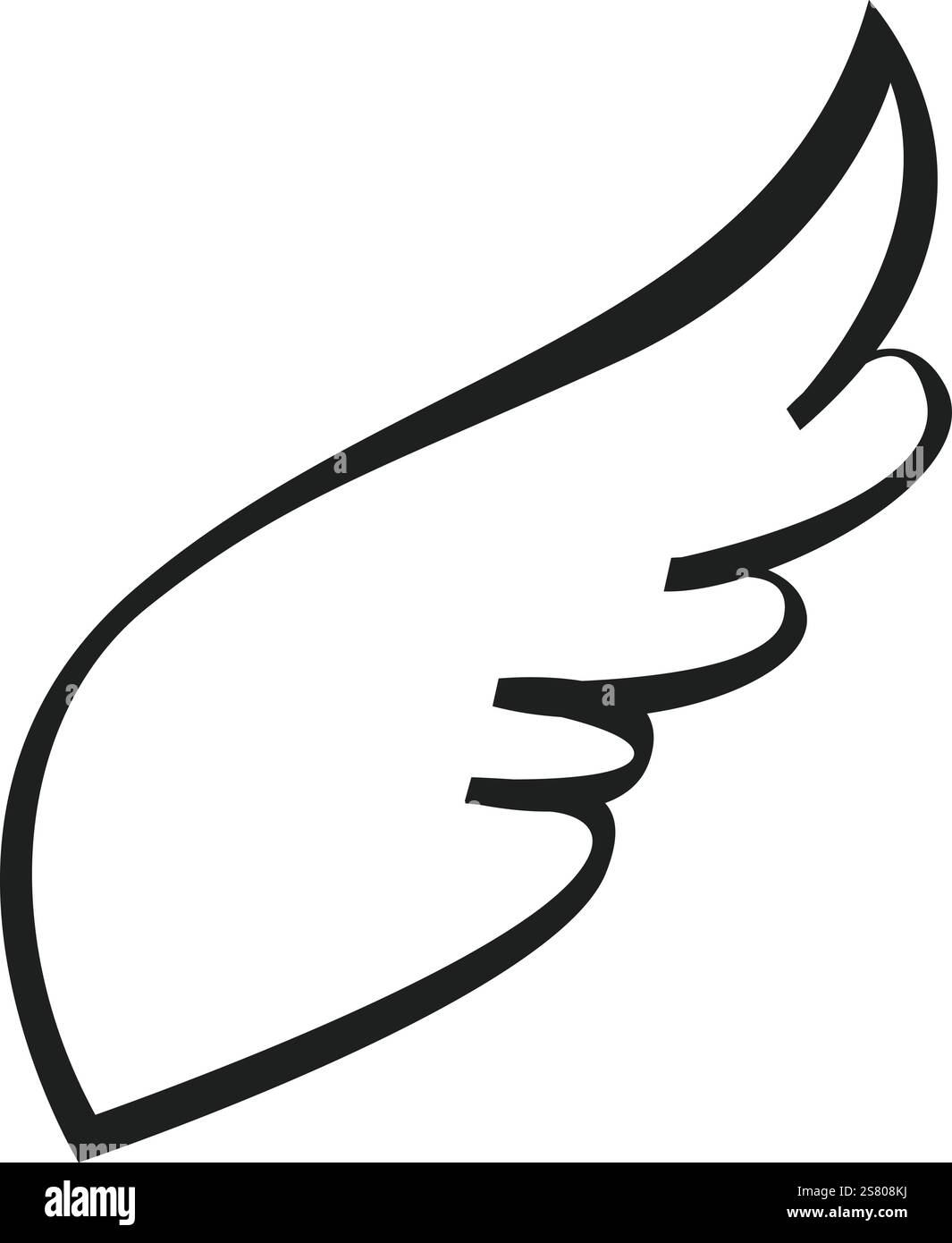 Einfache schwarz-weiße Strichkunst zeigt einen anmutigen Flügel, der an Freiheit, Flug und spirituellen Aufstieg erinnert, ideal für minimalistische Designs und symbolische Darstellungen Stock Vektor