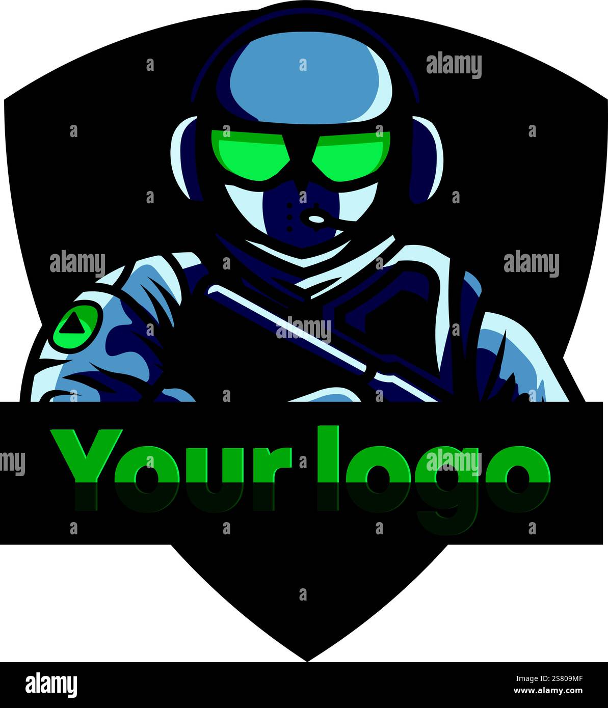 ESports-Logo mit Charakter im Militärstil. Soldat der Spezialkräfte mit einem Headset und einem Maschinengewehr in der Hand Stock Vektor