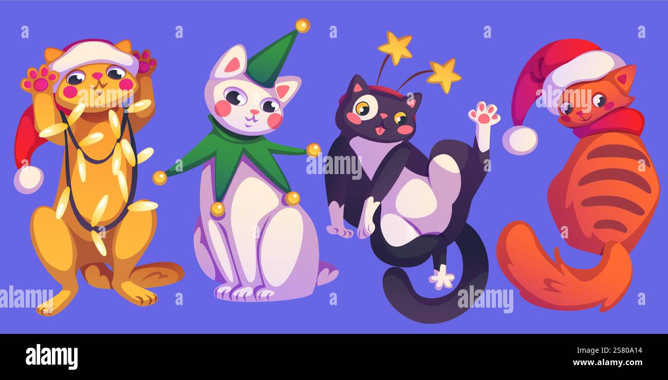 Weihnachtskatzen-Sammlung festlicher Katzen - Ingwerkätzchen in Lichtern gewickelt, weißes Haustier im Elfenkostüm, schwarze Katze mit Sternen-Stirnband, roter Begleiter im Weihnachtsmann-Hut. Zeichentricktiere für die Weihnachtskarte. Stock Vektor