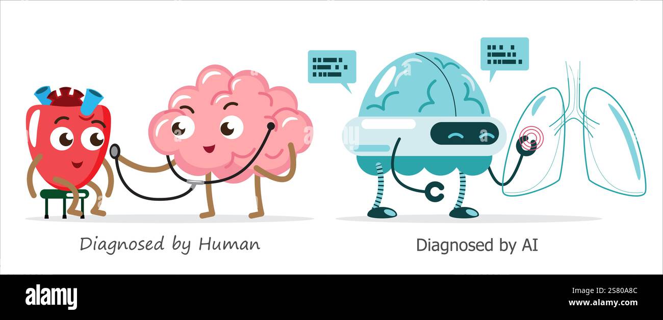 KI-Gehirn vs. Menschliches Gehirn in der Diagnostik. Zeichentrickfigur . Vektor . Stock Vektor