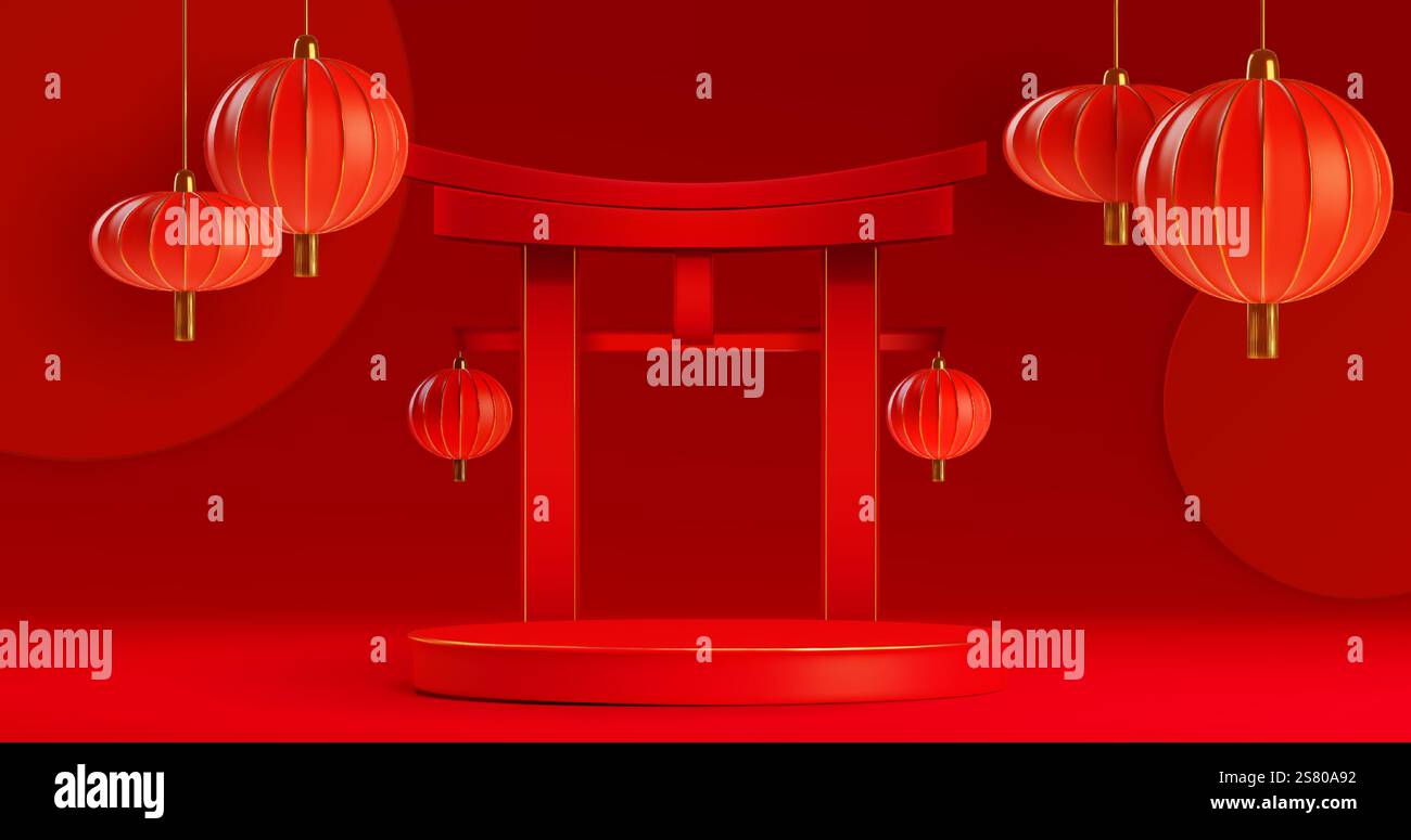 Traditionelles chinesisches rotes Podium mit Torii-Tor und dekorativen Laternen mit goldenen Quasten. Runde Präsentationsplattform auf kastanienbraunem Hintergrund. Orientalisches festliches Bühnendesign mit asiatischer Dekoration Stock Vektor