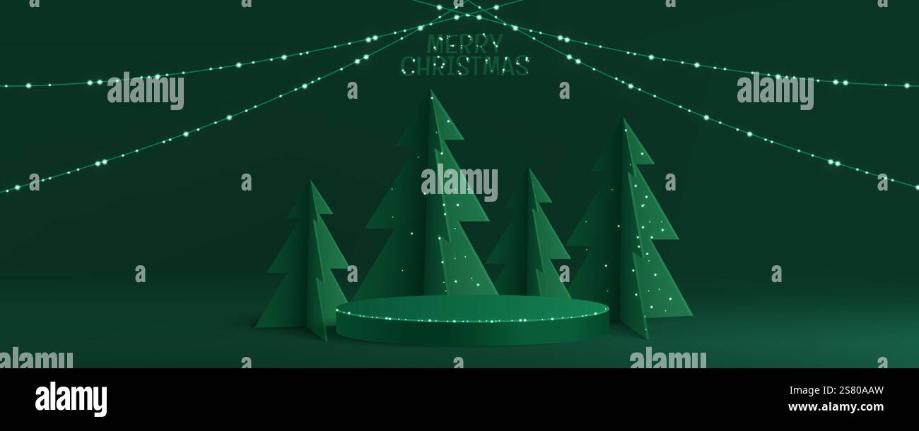 Grüner Weihnachtspodium mit minimalistisch geschnittenen Kiefern und leuchtenden Lichtern. Dekorative Weihnachtsszene auf runder Plattform für saisonale Produktpräsentationen oder festliche Werbeaktionen. Stock Vektor