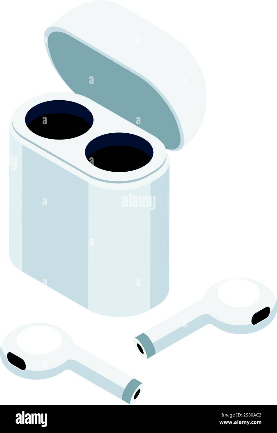 Moderne, weiße, schnurlose Ohrhörer, die in einem offenen weißen Gehäuse aufgeladen werden, mit einer schlanken isometrischen Ansicht vor einem sauberen weißen Hintergrund, die ihr minimalistisches Design unterstreicht Stock Vektor