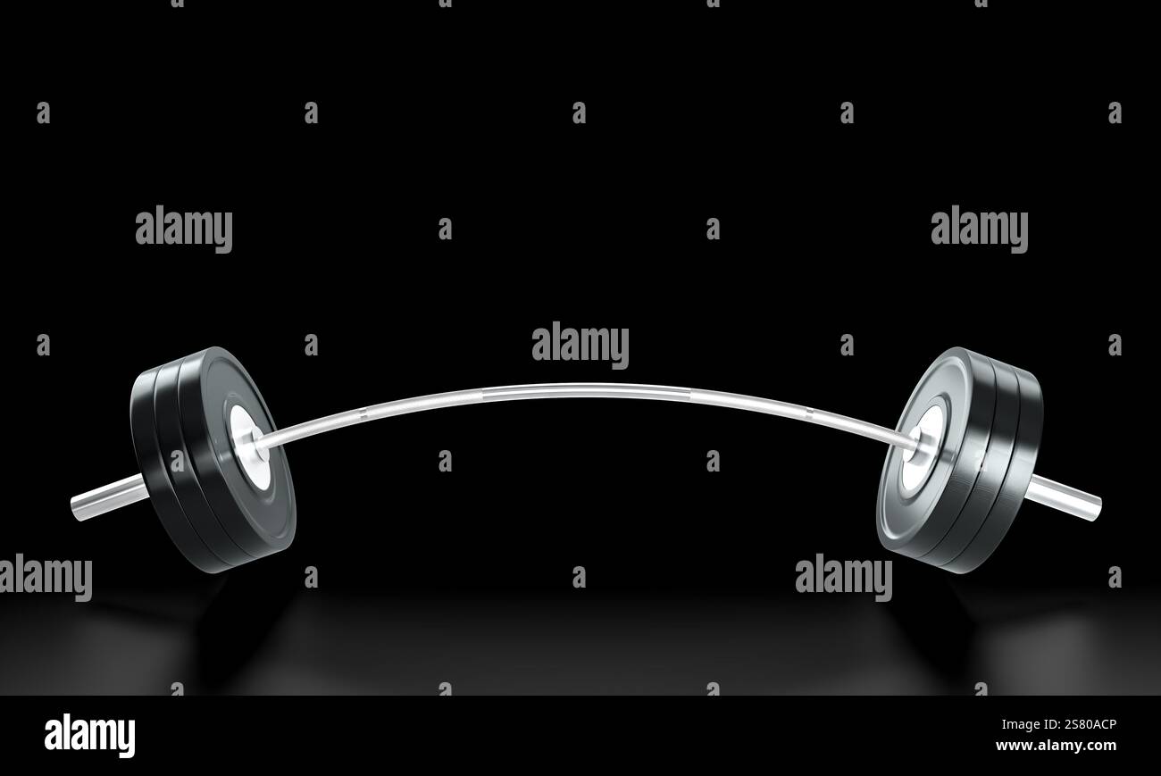 Gebogene Langhantel aus Metall mit Gewichten auf schwarzem Hintergrund Sport 3D Stockfoto