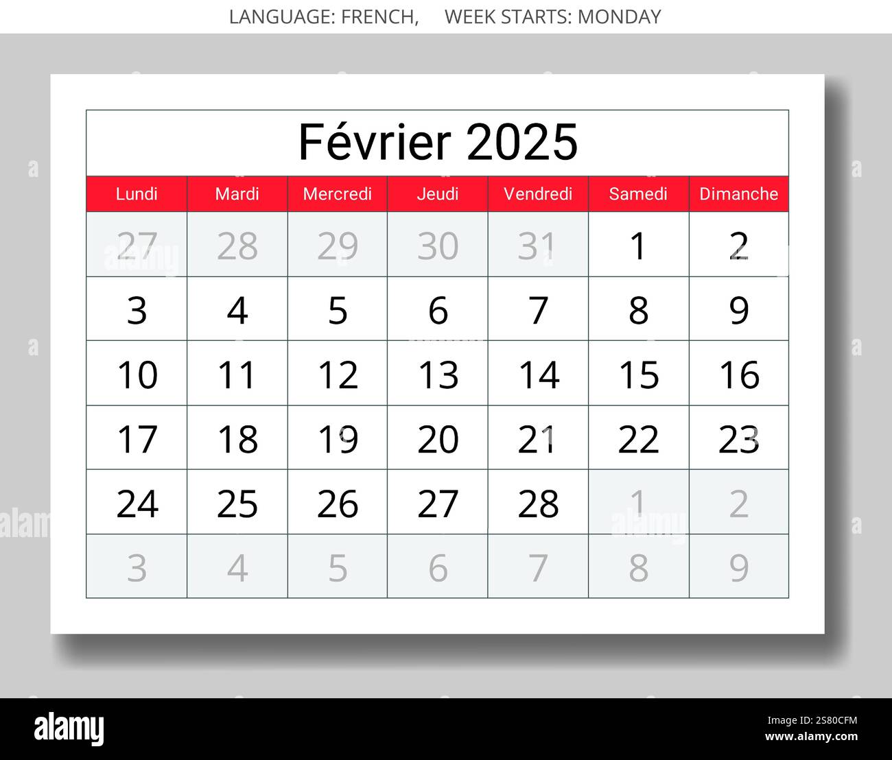 Französischer Kalender für februar 2025. Vektorillustration einer Wintermonatsseite für Frankreich - Kalender Stock Vektor