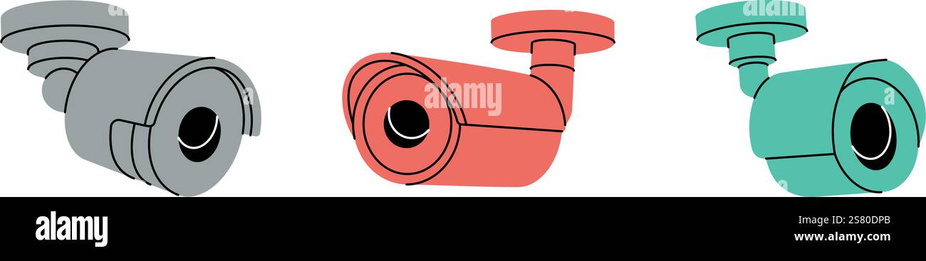 Satz von CCTV-Kameras. Videokameras für den Außenbereich. Externes Heimsicherheitssystem. Vektorabbildung. Stock Vektor