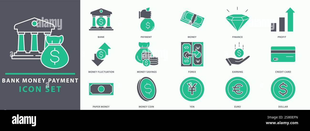 Zahlungssymbole für Bankgeld. Symbolgruppe für Zahlung per Bankgeld. Legen Sie das Symbol für Bankgeld und Zahlung fest. Vektorabbildung. Stock Vektor