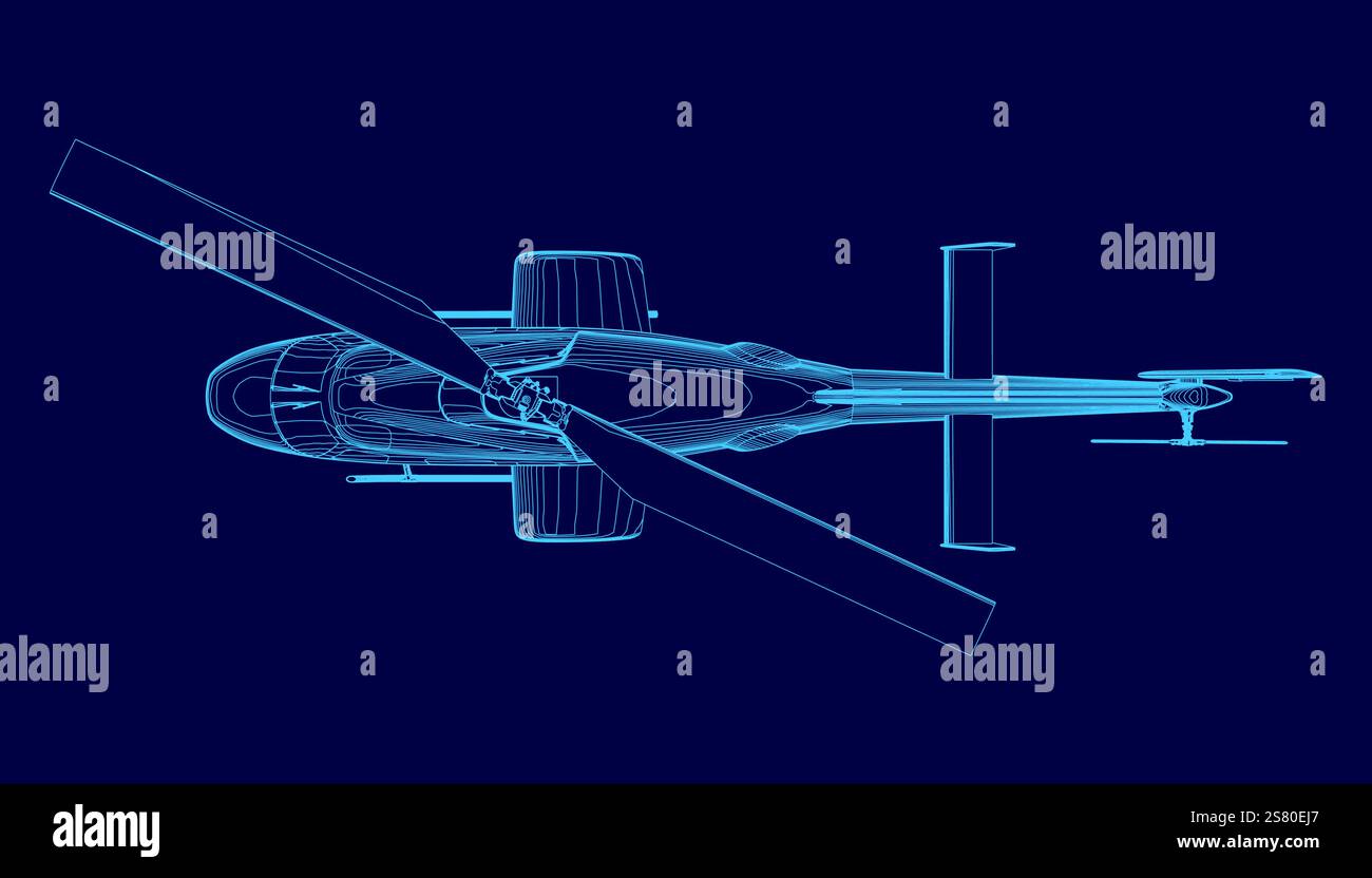 Blauer Hubschrauber wird auf blauem Hintergrund angezeigt. Das Bild ist ein computergeneriertes Rendering eines Hubschraubers Stock Vektor
