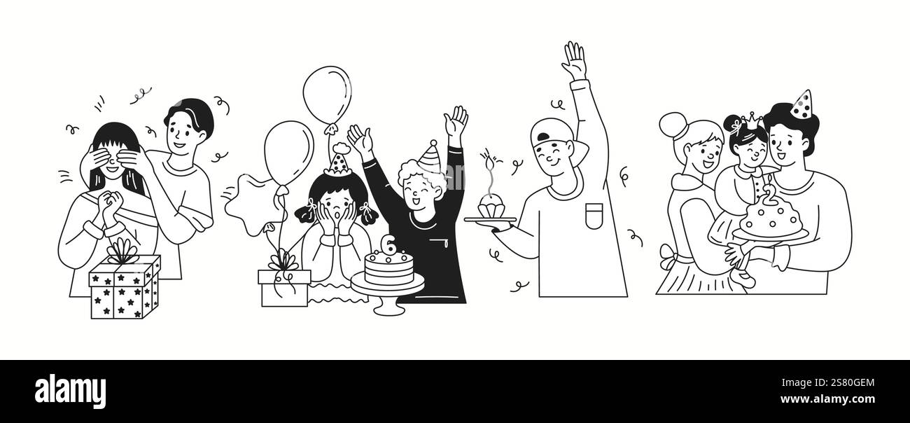 Glückliche Frauen feiern Geburtstage lineare Icons Kollektion. Damen mit b Day Party Accessoires kritzele Charaktere auf weißem Hintergrund Stock Vektor