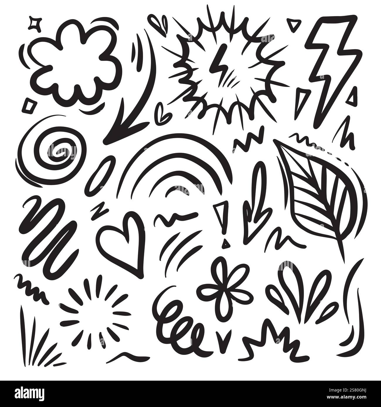 Blätter, Herzen, abstrakte, Bänder, Pfeile und andere Elemente in handgezeichneten Stilen für Konzeptdesigns. Illustration mit Kritzeleien. Vektorvorlage für Decora Stock Vektor