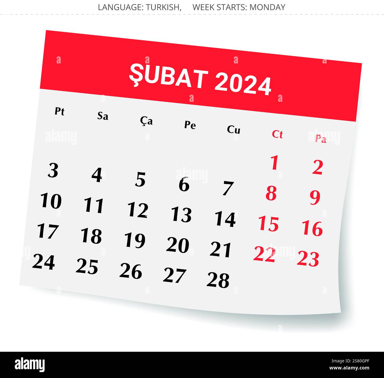 Türkischer Kalender für Februar 2025 - Takvim. Vektor-Illustration für den Wintermonat für die Türkei. Papierseite mit Schatten Stock Vektor