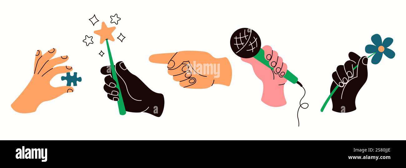 Menschen Hände, die verschiedene Elemente anzeigen flache Farbe Vektor-Symbole gesetzt. Mit verschiedenen Gegenständen für lustige Illustrationen auf weißem Hintergrund Stock Vektor