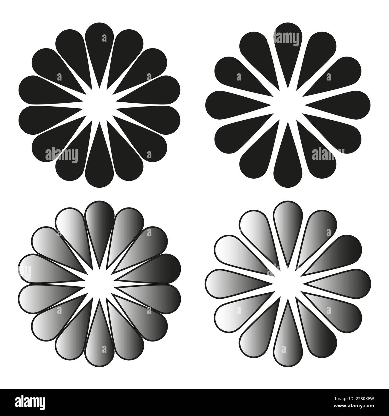 Vektorsymbole mit Blumenmuster. Schwarze und verlaufende Blüten. Minimale Blütenblätter. Symmetrische Blumenmuster. Stock Vektor