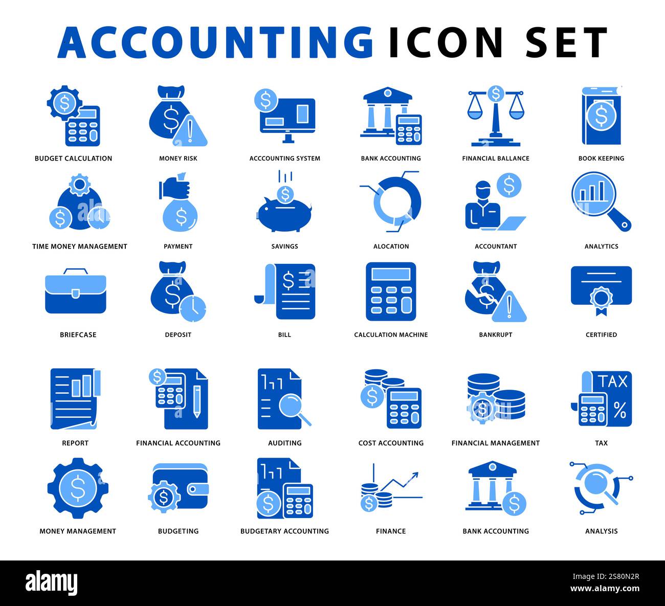 Buchungssymbole. Symbolgruppe „Accounting“. Legen Sie das Symbol für die Buchhaltung fest. Vektorabbildung. Stock Vektor