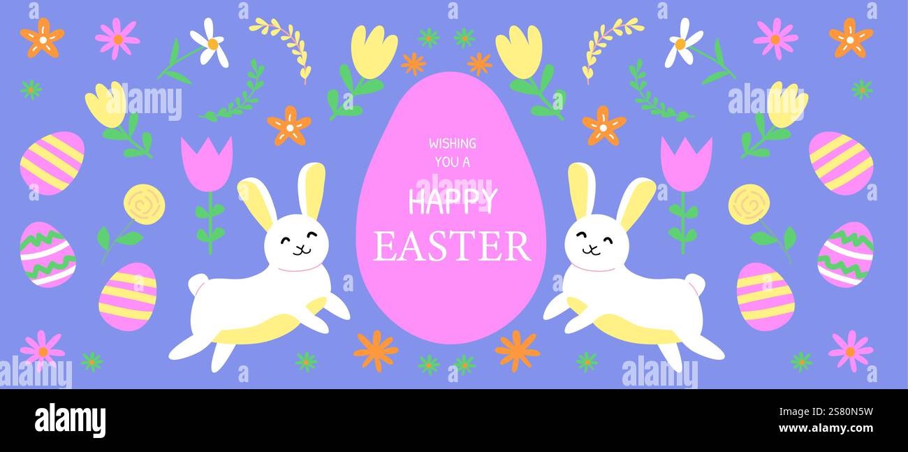 Happy easter Feier mit geometrischem Häschen und Blumenelementen für Grußkarte. Stock Vektor