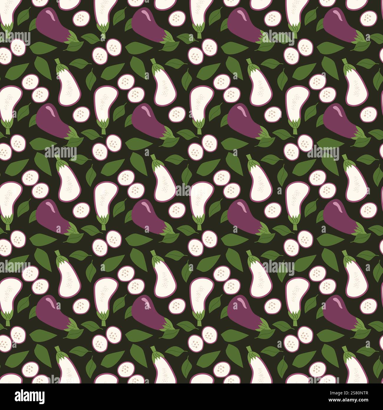 Lebendiges Auberginen-Muster mit geschnittenem Gemüse und ganzen Gemüsesorten auf dunklem Hintergrund. Stock Vektor