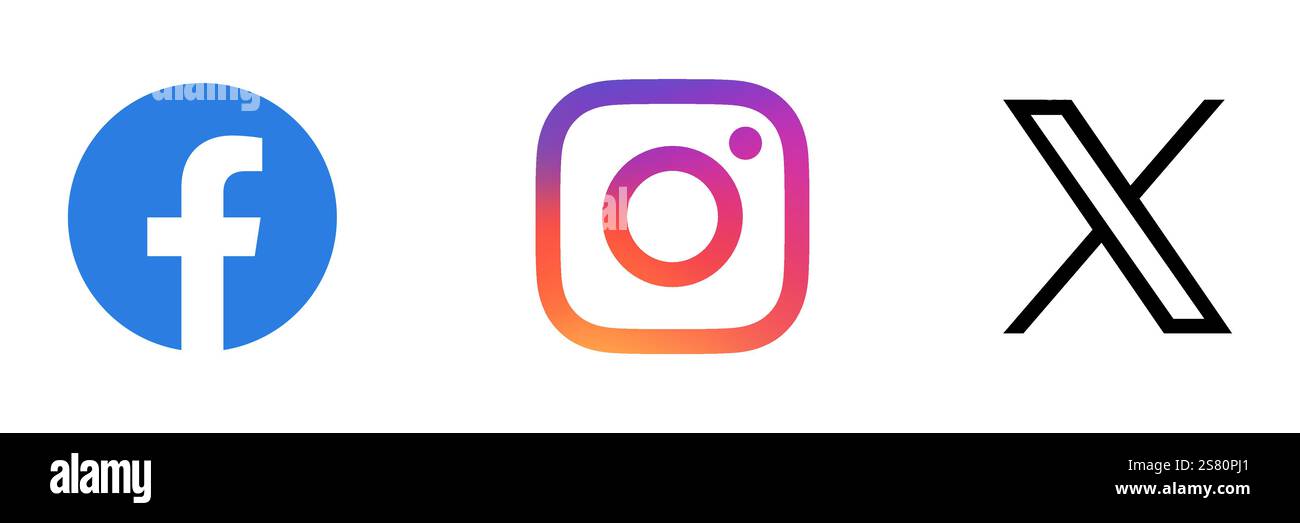 Symbolgruppe der Social-Media-App. Facebook, Instagram und X, ehemaliges Twitter. Bunte Vektorsymbole Stock Vektor