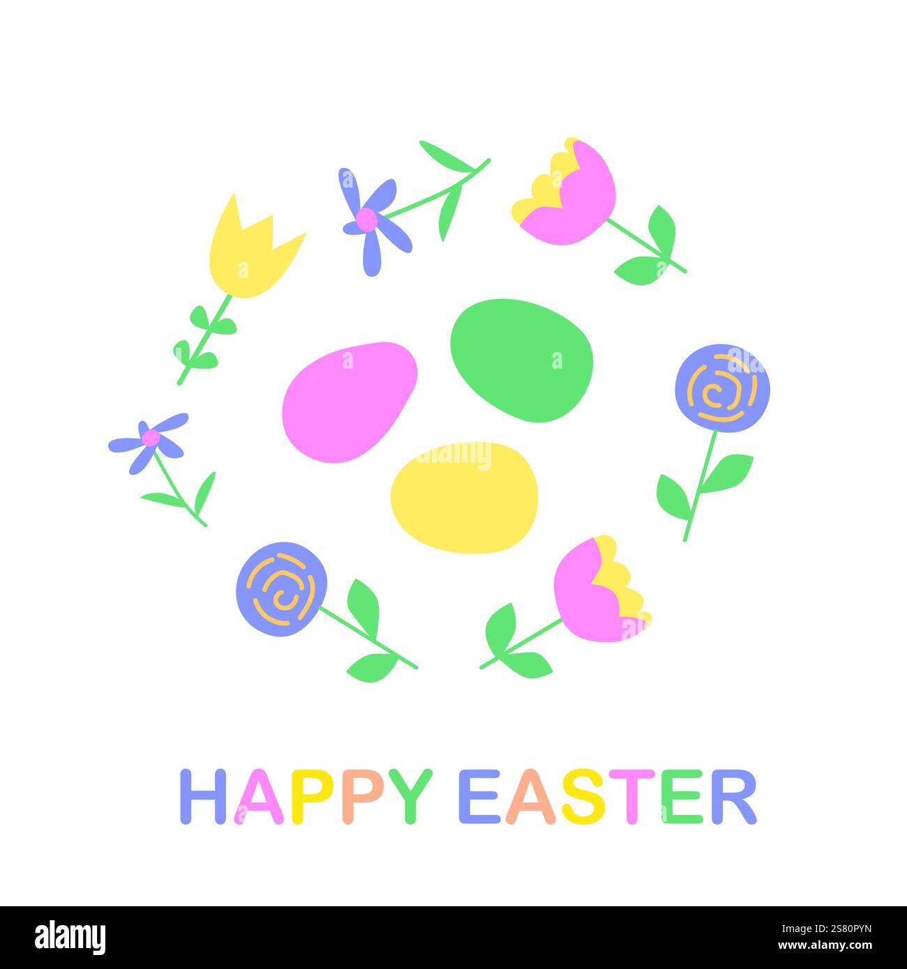 Kreative Designkarte mit Eiern und Blumen mit Happy easter-Inschrift. Stock Vektor