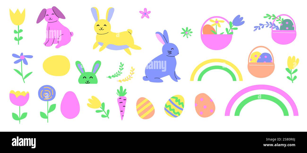 Buntes ostergeometrie-Set mit Häschen, Eiern und Blumen für saisonales Design. Stock Vektor